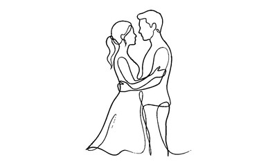 Obraz premium Continuous single line drawing of a romantic couple standing and hugging each other Vector, illustration line art silhouette