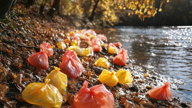 Plastic Bags Littering a Lakeside Shore After a Storm, Vibrant Colors Scattered Amidst Nature's Decay