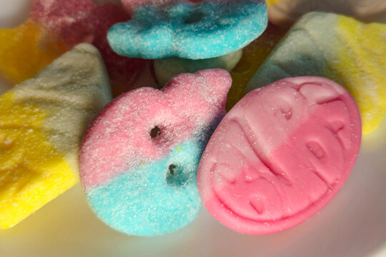 Minneapolis, USA - Apr 27, 2026: Closeup of assorted BUBS brand Swedish candy in colorful shapes. For Editorial Use Only.