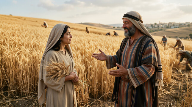 Boaz speaking kindly to Ruth in a wheat field. Biblical scene of historical figures harvesting grain. Ancient middle eastern culture and religious narrative