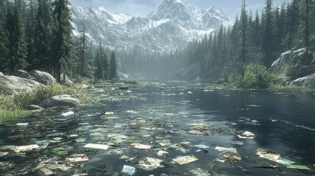 Polluted mountain lake choked with floating trash and debris, reflecting snowy peaks and evergreen forest