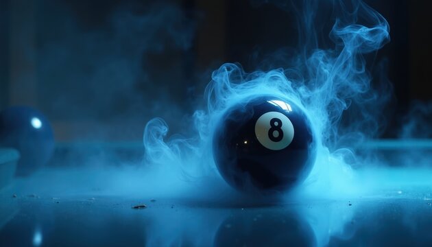 Mystic 8 ball billiard sphere enveloped in blue smoke. Pool game prop with glowing number eight predicts future. Dark indoor setting with ambient light creates mystical mood.