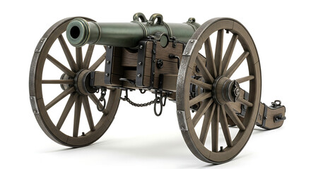 Fototapeta premium Authentic vintage field artillery cannon replica with wooden wheels, precisely isolated on a crisp white background