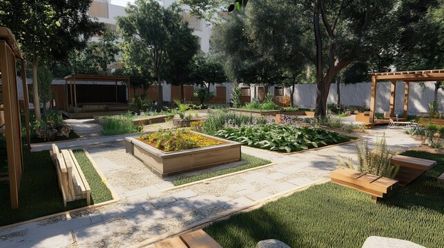 Lush Community Garden with Raised Beds and Green Infrastructure for Sustainable Urban Living