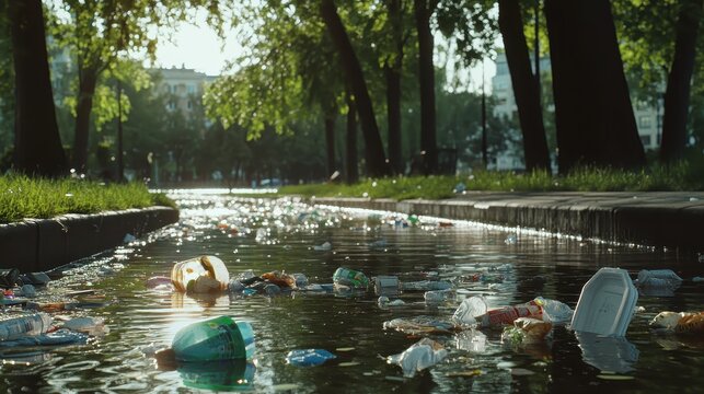 Plastic bottles and trash floating in urban park water near storm drains under bright sunlight