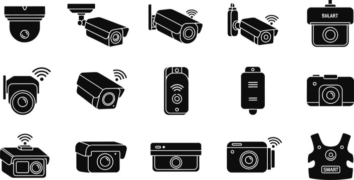 Security camera icons collection on transparent background for surveillance.