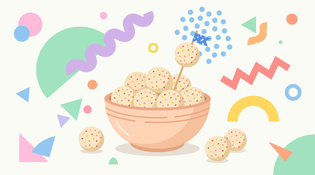 Indonesian Cimol Illustration with Spicy Tapioca Balls and Powdered Seasoning in Modern Memphis Style
