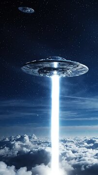 UFO spaceship emitting bright light beam above clouds at night. Cinematic vertical sci-fi footage for social media and mystery themes.
