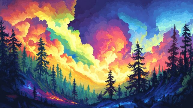 Vivid wildfire engulfs a dense forest under a dramatic, multi-colored sky
