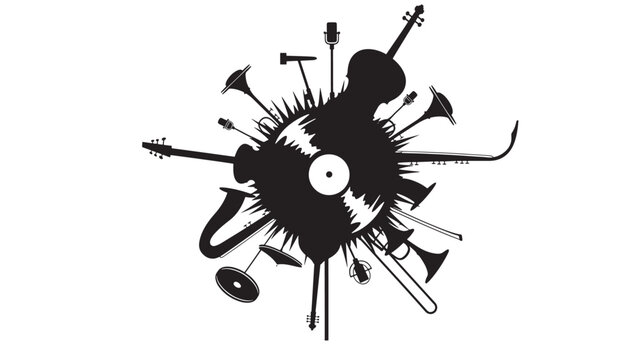 Guitarist silhouette rock band icon with multiple instruments and mic on white background for music poster design