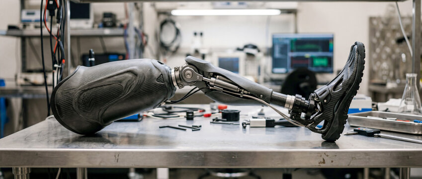 Advanced robotic prosthetic leg wearing a black athletic shoe resting on a stainless steel workbench in a high-tech engineering laboratory.