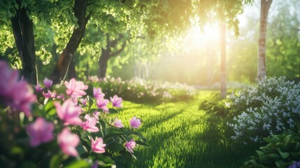Obraz premium Sun Dappled Garden Pathway Lined with Vibrant Pink Wildflowers and Lush Green Grass Under Bright Sunlight