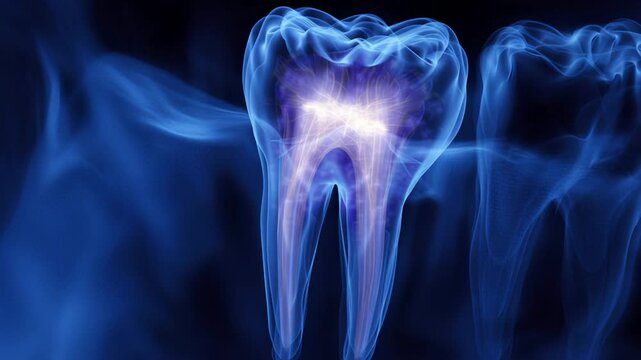 Glowing translucent molar radiograph showing pulp chamber and root structure in blue smoke background, highdetail medical illustration for dental education