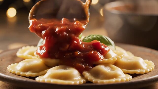Close up of ravioli pasta on plate as rich tomato sauce pours from ladle, basil garnish and warm bokeh lights in background, camera gently pushing in. Concept of italian cuisine and comfort food