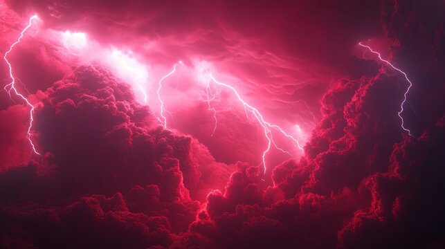 Vivid pink storm clouds illuminated by powerful lightning flashes in a dramatic atmospheric display