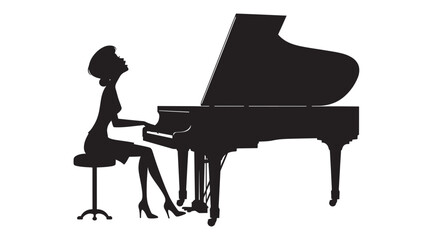 Pianist silhouette playing grand piano on studio stage in high-contrast monochrome vector style featuring music instrument, keyboard, concert with © Davids