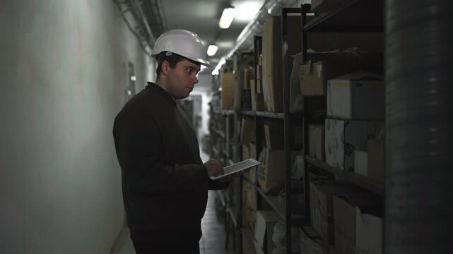 Archive Supervisor Checks Stored Items. Archivist Reviews Inventory In Tight Corridor With Concentration. Media