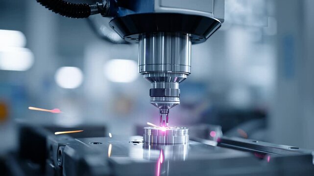 Closeup cnc milling sparks on metal. Robotic spindle carves aerospacegrade aluminum panel, bright blue sparks fly, metal chips scatter, coolant mist glints