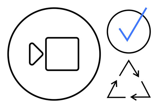 Communication, sustainability, approval, multimedia, validation, eco-consciousness. Video camera icon, blue checkmark and recycling emblem. Communication and sustainability