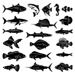 Obraz premium black and white vector silhouette set set of fish types