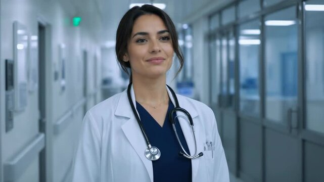 A Female Doctor in a White Coat Stands in a Sterile Hospital Corridor. Representing professional medical expertise, this portrait captures a confident physician ready for clinical daily patient care.