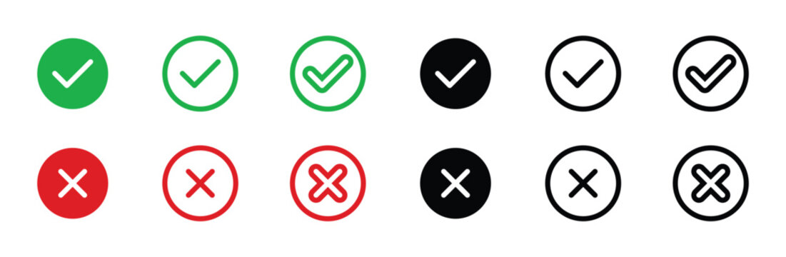 Check mark cross mark line icon set green red black circle button for approve and reject