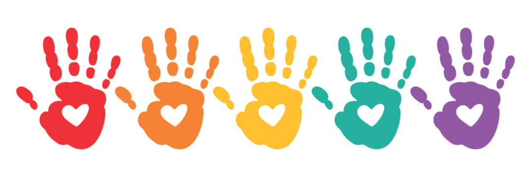 Colorful handprints with heart shapes in palms isolated on white