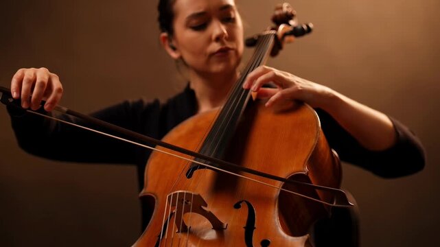 Musician playing cello with focus and expression against warm background