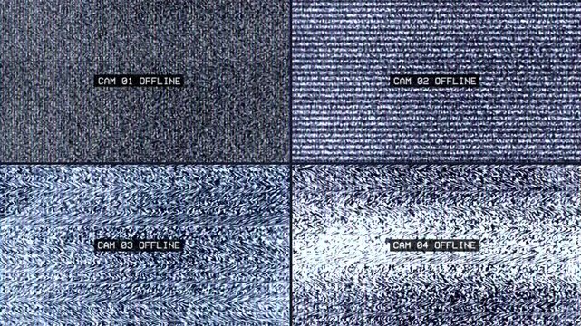 Screen of four non-working CCTV cameras with a message that the cameras are offline