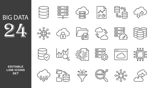 Big Data Editable Icons set. Vector illustration in modern thin line style of technology related icons: data center, database, hosting, and more. Isolated on transparent background.