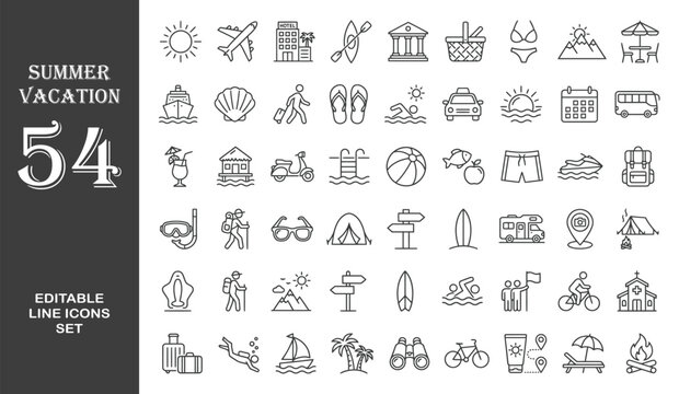 Summer Vacation Editable Icons set. Vector illustration in modern thin line style of travel related icons: sea, surfing, beach, hotel, and more. Pictograms and infographics for mobile apps.