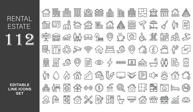Rental Estate Line Editable Icons set. Vector illustration in modern thin line style of real estate related icons: property types, characteristics, documents, and more. Pictograms and infographics.