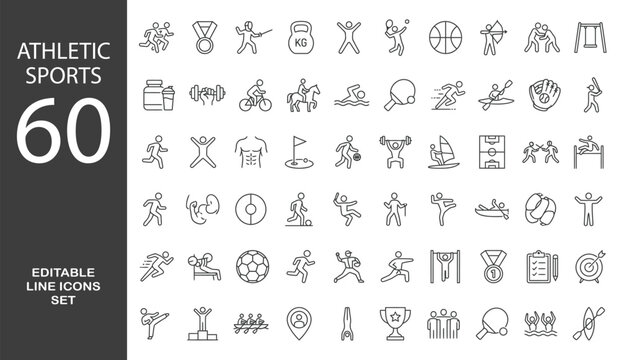 
Athletic Sports Line Editable Icons set. Vector illustration in modern thin line style of summer sports activities related icons: gym exercises, football, swimming, gymnastics, and more. Pictograms a