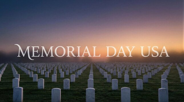 Memorial Day USA text over rows of white gravestones at national military cemetery. Respectful tribute to fallen soldier and veteran at sunset. Patriotic conceptual landscape scenery.