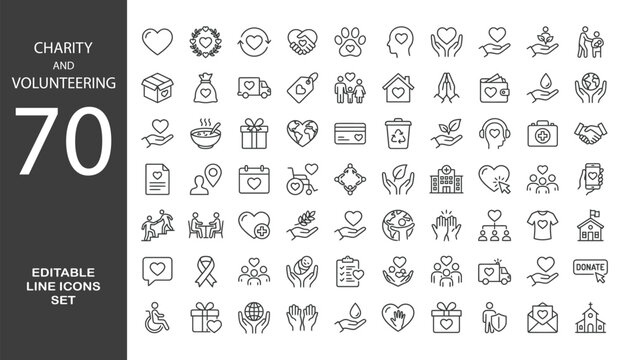 Charity and Volunteering Editable Icons set. Vector illustration in modern thin line style of philanthropic icons: almsgiving, helping those in need, donation, contribution, humanism, altruism.
