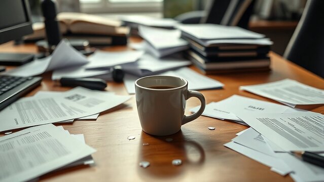  Realistic office desk with minor mess, scattered papers, coffee cup with small stain, natural light, authentic work environment, no perfect symmetry