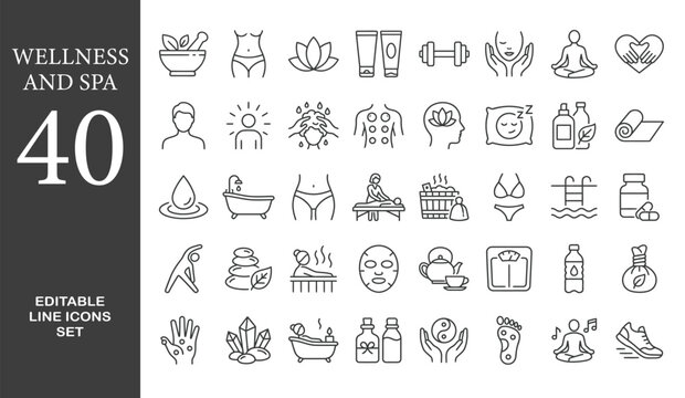 Wellness and Spa Line Editable Icons set. Vector illustration in modern thin line style of components of a healthy lifestyle, face and body care, recreation. Pictograms and infographics