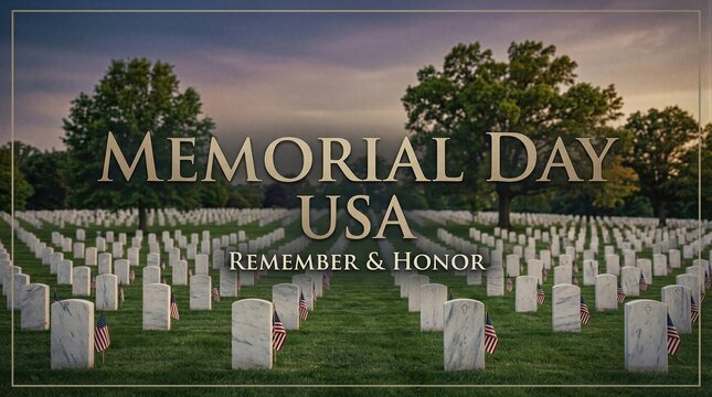 National cemetery with rows of white marble headstones decorated with American flag for Memorial Day. Military honor and patriot remembrance of fallen soldier at sunset in USA.