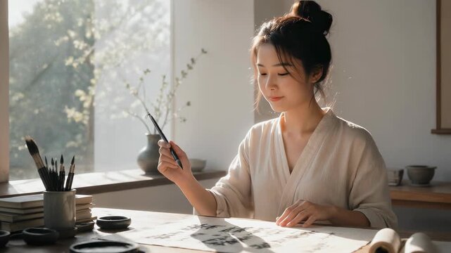 A young woman in traditional attire practices calligraphy, her loose hair gently framing her face as she creates ink art in a serene and sunlit studio environment with wooden textures.