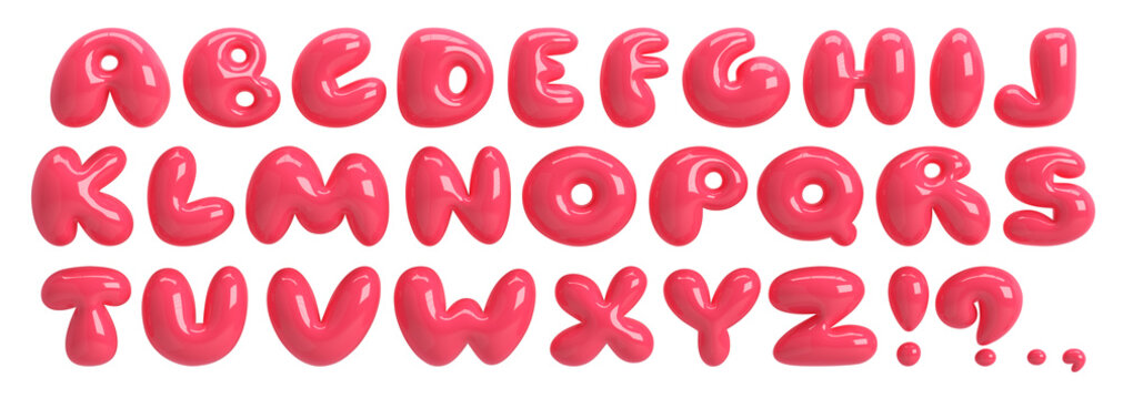 3D red plastic font. Bold bubble typescript. Y2K alphabet. Groovy candy letters. Three-dimensional round typeface isolated on transparent background