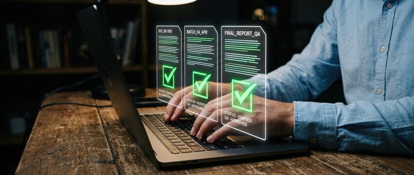 Digital workflow management streamlining tasks in a home office environment with interactive reports and data visualizations
