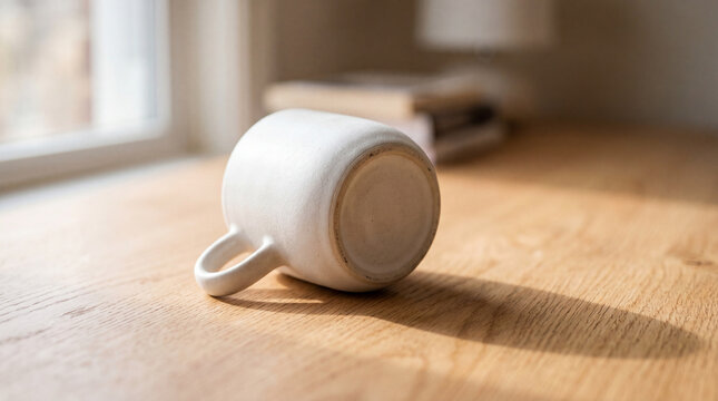 Empty overturned ceramic mug on desk afternoon shadow fatigue concept