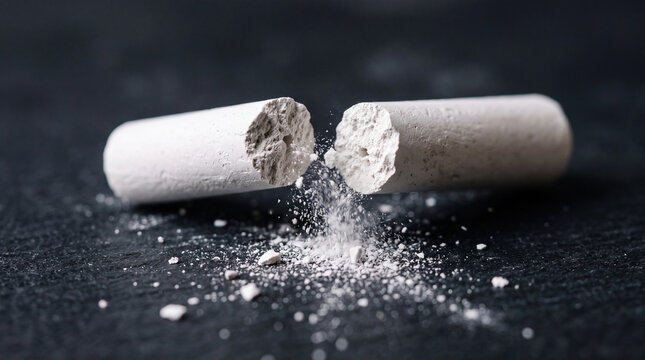 Crumbling white chalk on dark slate surface pressure stress concept