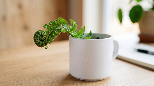 Lush fern frond growing from empty ceramic coffee cup