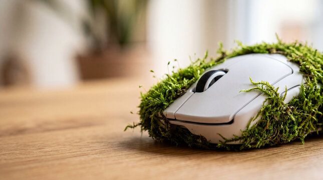 Green moss growing on white computer mouse on office desk