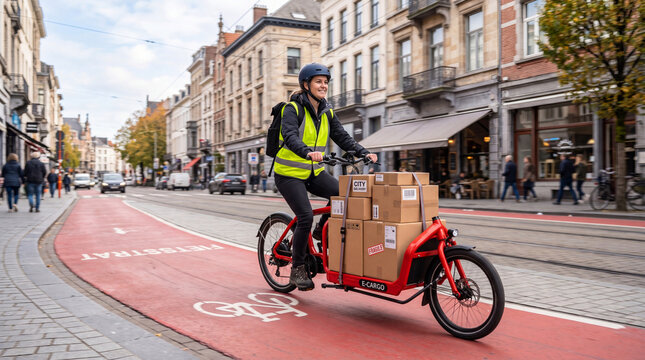 Electric cargo bike transporting cardboard delivery boxes along paved urban bicycle lane