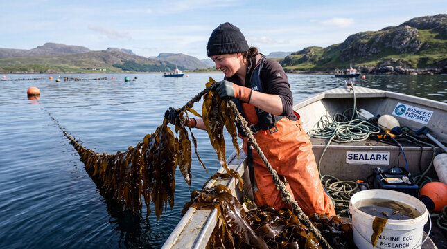 Marine biologist examining cultivated brown kelp lines on regenerative ocean aquaculture farm