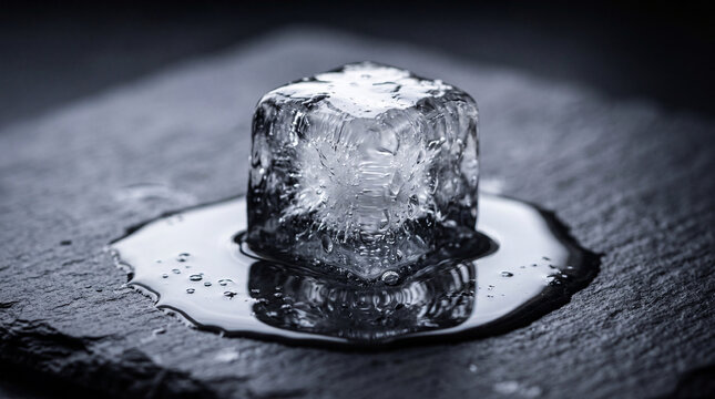 Melting ice cube on dark slate surface mental exhaustion concept