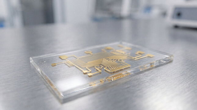 Microfluidic gene sequencing chip resting on brushed metal laboratory surface