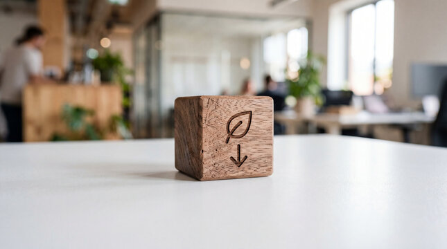 Minimalist wooden cube with downward arrow representing carbon footprint reduction in modern office